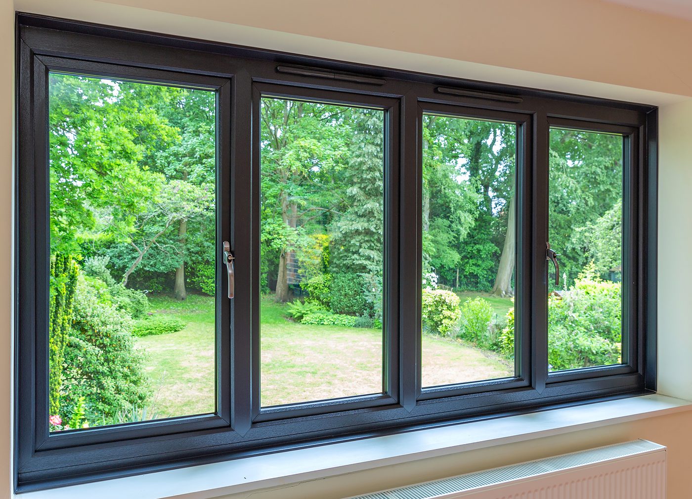 Dark-framed picture windows looking onto a green garden